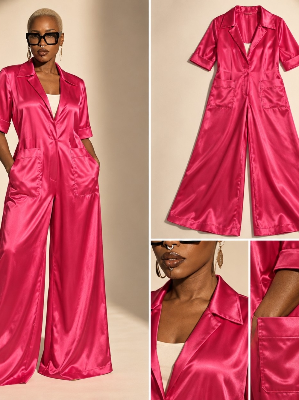 Satin Wide-Leg Jumpsuit - Hot Pink